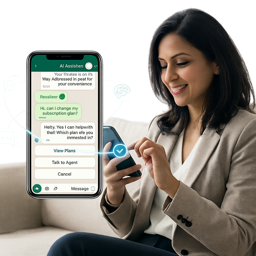 South Asian businesswoman using AI assistant on smartphone for WhatsApp customer support automation